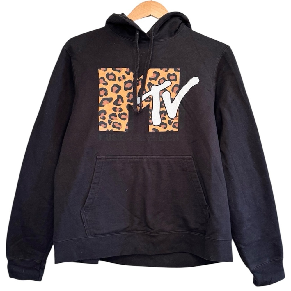 MTV Retro Logo Leopard Print Hoodie Sweatshirt Black Size Medium Kangaroo Pocket